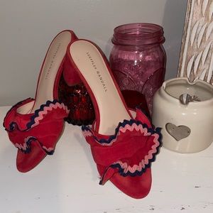 Super cute Loeffler Randall “Vera” red suede block heels! Size 6 women’s